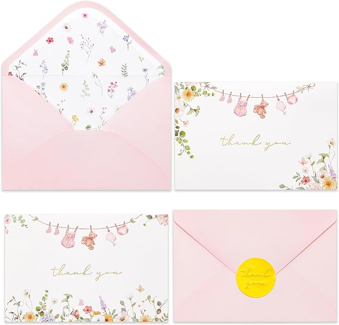 Crisky Baby Shower Pink Gold Thank You Cards (50 Pack) with Envelopes & Stickers Girl Baby Shower Greeting Cards Bulk, Watercolor Delicate Wildflower for Baby Shower Party