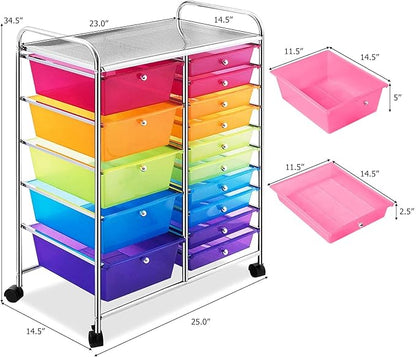 Giantex 15-Drawers Rolling Storage Cart, Mobile Book Paper Organizer Utility Trolley with Wheels, Ideal for School, Office, Home (Rainbow)