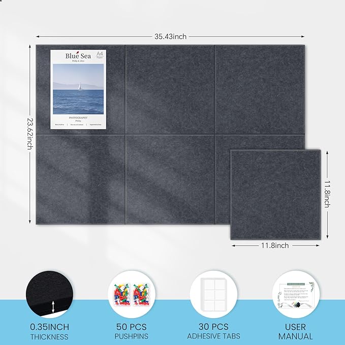 Large Cork Bulletin Board for Wall 36"x24", 6 Pack Felt Wall Tiles with 50 Pushpins, 30 Safe Removable Adhesive Tabs, Decorative Pin Board Tack Board for Office Home School, Dark Gray