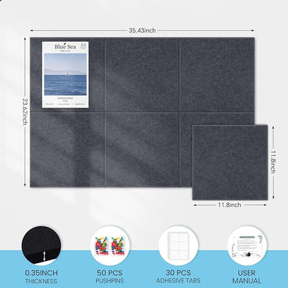 Large Cork Bulletin Board for Wall 36"x24", 6 Pack Felt Wall Tiles with 50 Pushpins, 30 Safe Removable Adhesive Tabs, Decorative Pin Board Tack Board for Office Home School, Dark Gray