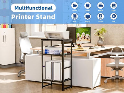 Printer Stand Holder 3 Tier - Heavy Duty Metal Shelving Unit for Under Desk Printer Storage Office Organizer, Industrial Printer Side Table with Wood Desktop for Scanner Fax Machine Black