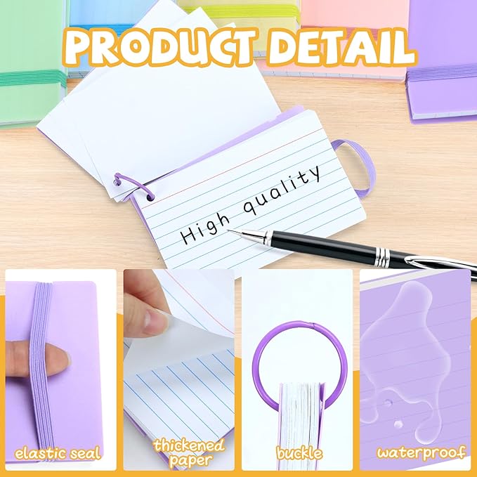10 Pack Index Cards 3x5 Inches, 600 Pcs Waterproof Poly Cover Ruled Note Cards with Elastic Band Closure, Heavy Notecards with Rings Flash Cards for Studying Office Home School College