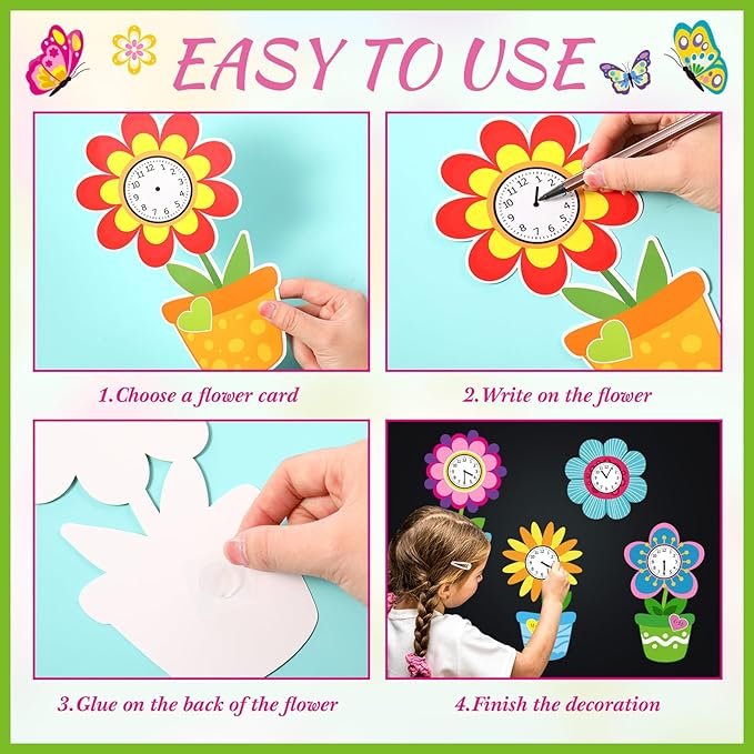 Kosiz Spring Clock Bulletin Board Decorations Set Flower Pot Butterfly Time Learning Paper Cutouts Happy Spring Time Classroom Decorations with Fence Borders for School Wall Chalkboard Door Home