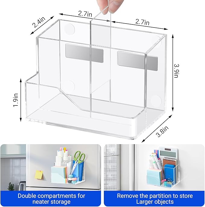 Simetufy Clear Magnetic Dry Erase Marker Holder for Refrigerator, Partition Non-slip Acrylic Whiteboard Marker Holder with Large Slots for Magnetic Board, or Metal Surfaces for Fridge, Lockers, Washer