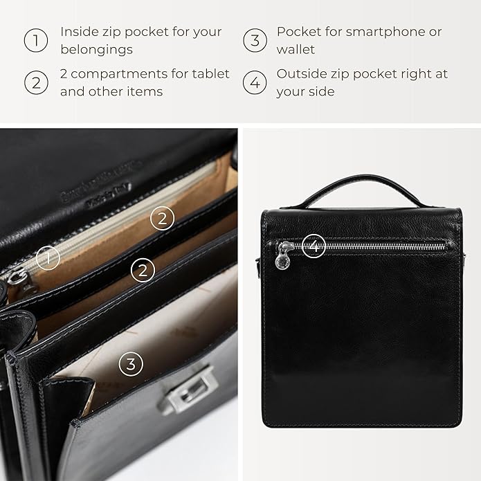 Time Resistance Small Leather Briefcase for Men - Crossbody Bag - Italian Leather Messenger Bag - Gift Box Included