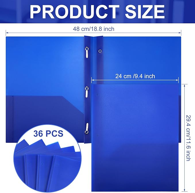 Cholemy 36 Pcs Plastic Pocket Folders with Prong 2 Heavy Duty Pockets Folders with 3 Prongs Letter Size Paper Folders Bulk File Plastic Folders with Fasteners for Office Workers (Blue)