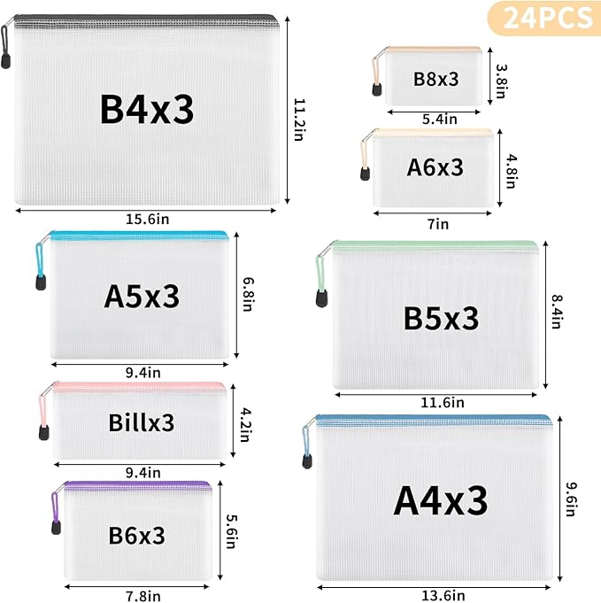 EOOUT 24pcs Mesh Zipper Pouch, Waterproof Zipper Bags, 8 Sizes Plastic Travel Pouch, 8 Colors, Multipurpose for Office Supplies and Travel Storage