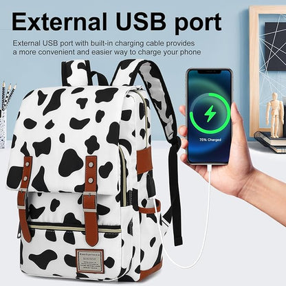 Travel Laptop Backpack Slim Vintage Backpack with USB Charging Port,Water Resistant Business Daypacks College Bag for Men Women,Fits 15.6 Inch Notebook. (Cow)