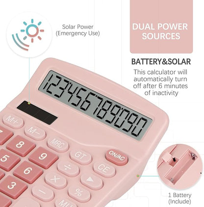 Desk Calculator,Cute Caculator with Dual Power Source,Basic Calculators Desktop with 12 Digit Large LCD Display Big Buttons Simple Financial Calculator for Office Home School(Pink)
