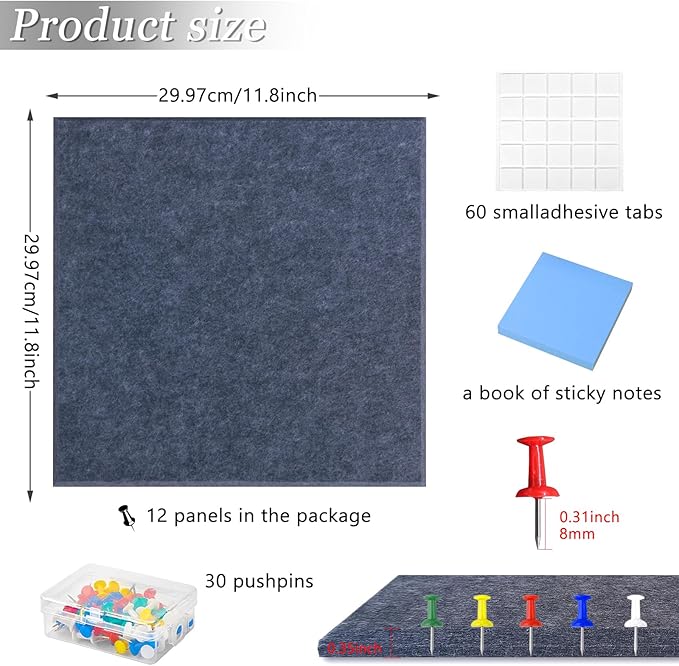 Large Cork Board Alternative for Walls, 47"x35" 12 Pack Felt Wall Tiles Bulletin Board with 30 Push Pins, Sticky Notes, Cork Boards for Office Pin Board Tack Board Felt Boards (Dark Grey)