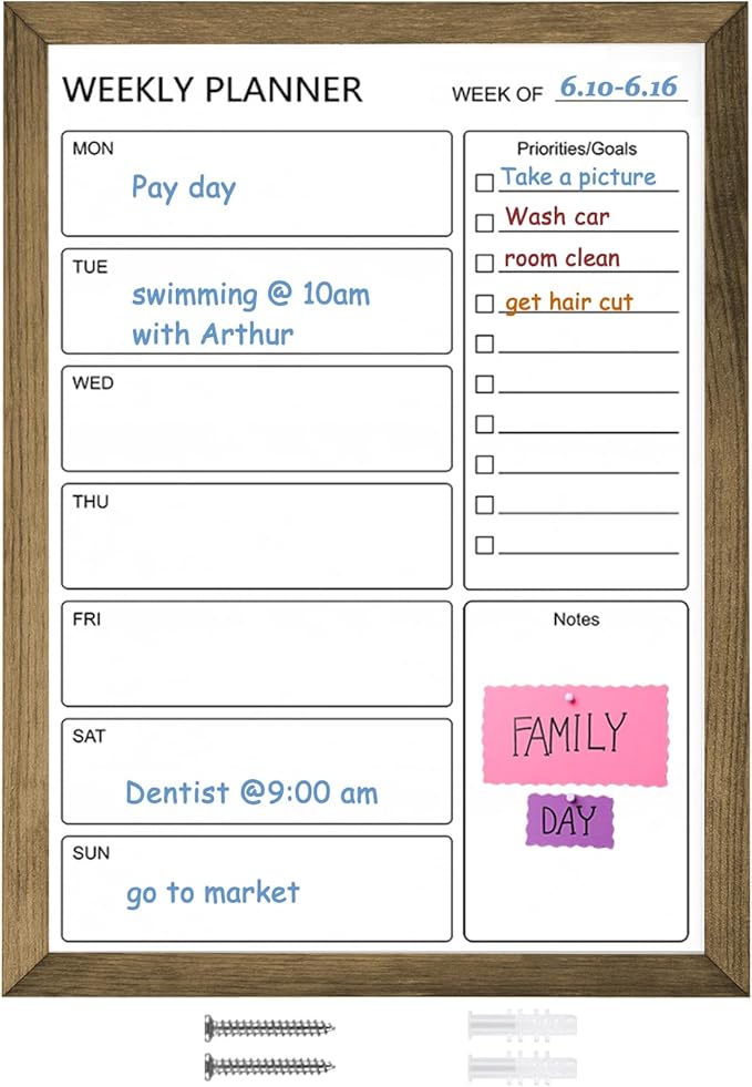 Dry Erase White Board Weekly Calendar Board, Magnetic Whiteboard for Wall,18“x24 Solid Wood Rustic Brown Framed Message Board, Planner Board for Office, Home, School(Weekly-BB-RB-4560)