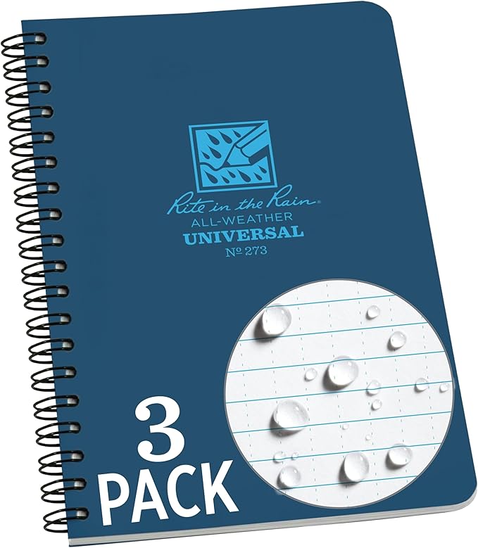 Rite in the Rain Weatherproof Side Spiral Notebook, 4.875" x 7", Blue Cover, Universal Pattern, 3 Pack (No. 273L3)