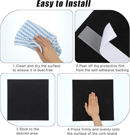 Large Cork Board 36" x 24", 6 Pack Felt Wall Tiles with Colored 30 Pcs Pushpins, Black Bulletin Board with Removable Self-Adhesive Strips, Pin Board Cork Boards for Walls Office Home- Black