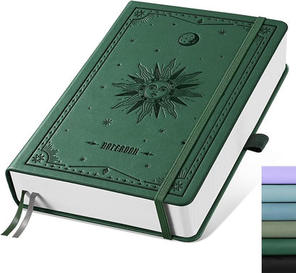 EMSHOI Lined Journal Notebook, 320 Numbered Pages, A5 College Ruled Notebook, with 100 GSM Thick Paper, Hardcover Leather, Contents, Stickers, Inner Pocket, Pen Holder, 5.75 x 8.38-Dark Green