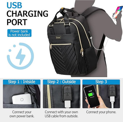 Black Backpack for Women, School Backpack for Teen Girls, 15.6 Inch Quilted Backpack Purse with USB Port, Work Business Teacher Student Computer Bag, College Bookbags Casual Daypacks, Black