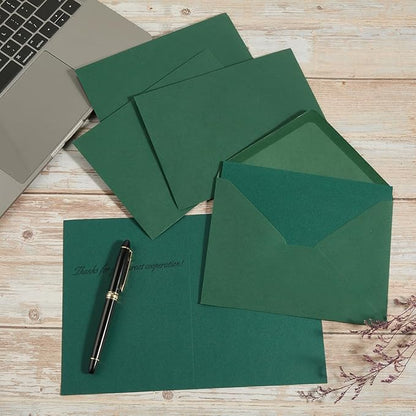 50 Pack Dark Green A7 Envelopes with Cards 5x7 Thick Folded Cardstock and Gold Stickers for Greeting Cards, Wedding, Birthday, Invitations, Baby Showers (Dark Green, 5x7)