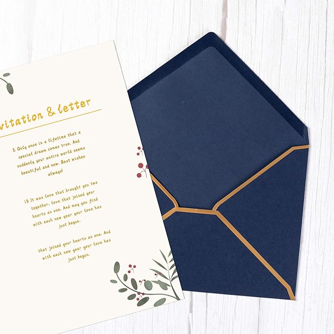 50 Pack A7 Envelopes Navy Blue 5 x 7 Self-Adhesive V Flap Envelopes with Gold Border for Office, Greeting Card, Wedding, Graduation, Baby Shower, Parties, Invitations (Navy Blue, 5x7)