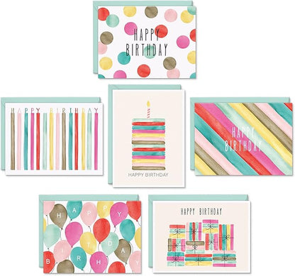 Sweetzer & Orange Watercolor Bulk Birthday Cards Assortment – 24pc Bulk Happy Day sheets with Envelopes Box Set – Assorted Blank Birthday decor Cards for Women, Men, and Kids in a Boxed Pack