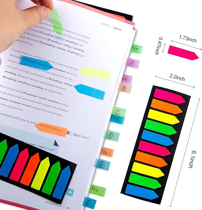 Golcellia Fluorescent Translucent Sticky Note Flags, 2400 Pcs Total, Pack of 10 Color Tabs, Arrow Sticky Notes, Page Flag Markers, Arrow Index Tabs