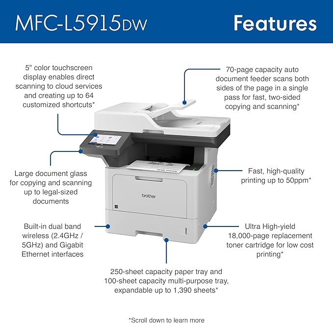 Brother Monochrome Laser Printer, Multifunction All-in-One Printer, MFC-L5915DW, Wireless Networking, Mobile Printing & Scanning, Duplex Print, Copy & Scan, Amazon Dash Replenishment Ready