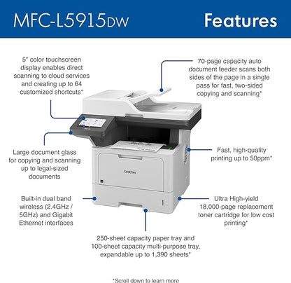 Brother Monochrome Laser Printer, Multifunction All-in-One Printer, MFC-L5915DW, Wireless Networking, Mobile Printing & Scanning, Duplex Print, Copy & Scan, Works with Alexa