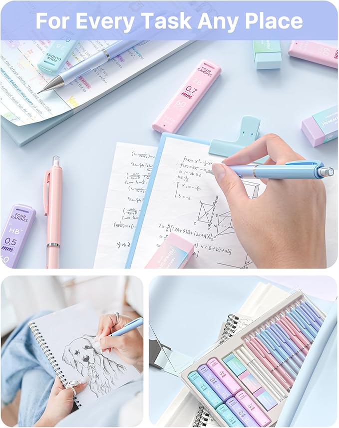 Four Candies Pastel Mechanical Pencil Set, with 0.5 & 0.7mm Lead Refills (HB & 2B), Cute Erasers & Eraser Refills, 29-Count Pack with Case, Aesthetic School Supplies for Student Writing Drawing