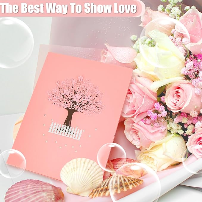 Wanateber 3D Pop Up Aniversary Card with Cherry Tree, Pop Up Lovers Wedding Card, Birthday Cards for Wife, Husband, Lovers, Couple, Romantic Valentines Day Cards, Greeting Cards for Mothers Day