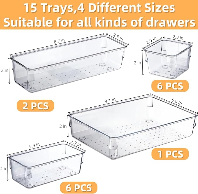 Drawer Organizer, Makeup Organizer, Desk Drawer Organizer, Acrylic Storage Bins for Makeup, Skincare, Jewelry, Office Supplies Used in Vanity, Kitchen, Bedroom, Bathroom, Office - 15pcs