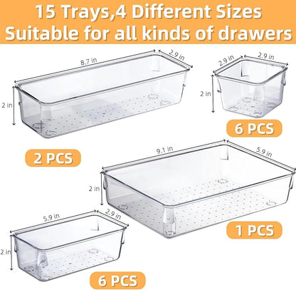 Drawer Organizer, Makeup Organizer, Desk Drawer Organizer, Acrylic Storage Bins for Makeup, Skincare, Jewelry, Office Supplies Used in Vanity, Kitchen, Bedroom, Bathroom, Office - 15pcs