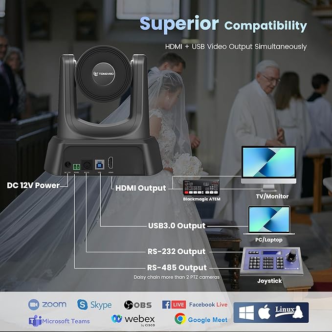 HDMI/USB PTZ Camera 10X Optical Zoom 60fps 1080P Video Conference Camera for Church Worship Live Streaming Meeting Online Learn with Zoom Skype OBS and More