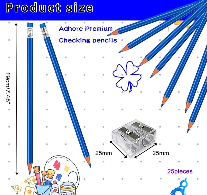 Adhere 25pcs Checking Pencils Erasable colored Pencils Pre-Sharpened #2 HB,for Checking Tests Grading Map Coloring,school Correcting,editing Office Favors,including a Free sharpener..(Blue)