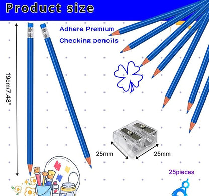 Adhere 25pcs Checking Pencils Erasable colored Pencils Pre-Sharpened #2 HB,for Checking Tests Grading Map Coloring,school Correcting,editing Office Favors,including a Free sharpener..(Blue)