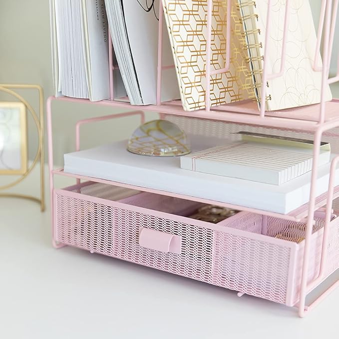 BLU MONACO Pink Workspace Desk Organizer and Accessories Desktop Rack with File sorters and Drawer for Office Supplies, Paper, Device and Folder