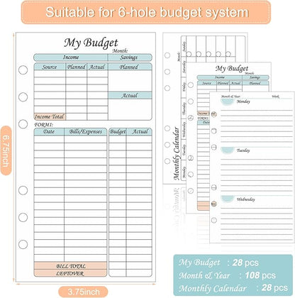 164 Sheets 6 Hole Budget System Refill 37.4 x 66.93 Inch Classic Weekly Monthly A6 Planner Inserts Personal Double Sided 6 Ring Planner Refill for Binder Cover Budgeting Envelope Wallet Bill Saving