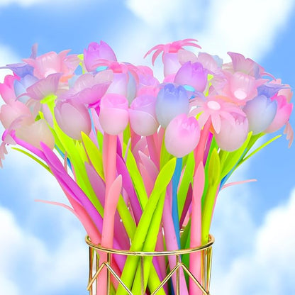 18 Pieces Color Changing Flower Pens Colorful Gel Ink Ballpoint Rose Pens for School Home Office Presents(Daffodil Lampranthus Spectabilis Tulip Rose)
