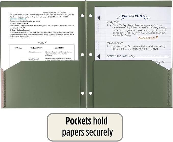 Five Star 2 Pocket Folders, 4 Pack, Recycled Plastic Folders with Stay-Put Tabs and Prong Fasteners, Fits 3-Ring Binder, Holds 11” x 8-1/2” Paper, Writable Label, Clay, Green, Blue, Gray (33002)