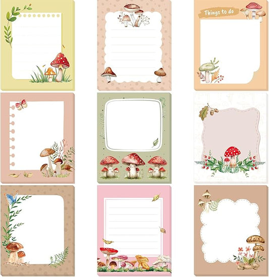 Sabary 9 Pads Sticky Notes 3.15 x 3.94 Inches Cute Self Sticky Note Pads Colored Adhesive Notepad for Memo Reminder Journal Studying Office Home Gift (Mushroom)
