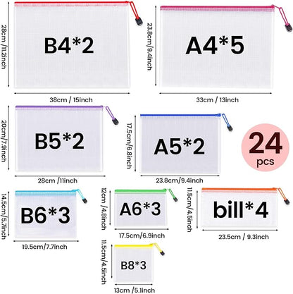 24pcs Mesh Zipper Pouch Bags - 8 Sizes Plastic Zipper Pouches for Organization, Mesh Bags with Zipper, Waterproof Clear Travel Pouches, UMETDO File Bag with Zipper for Office Supplies