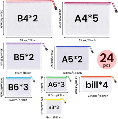 24pcs Mesh Zipper Pouch Bags - 8 Sizes Plastic Zipper Pouches for Organization, Mesh Bags with Zipper, Waterproof Clear Travel Pouches, UMETDO File Bag with Zipper for Office Supplies