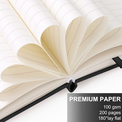 A5 Leather Journal Notebook with Pen, 200 Pages Hardcover Journal with Pocket, 100gsm Thick Lined Paper Daily Diary for Men and Women, Great Gift for Business School Travel Personal - Black