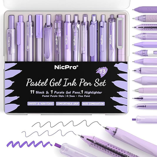Nicpro 13PCS Pastel Gel Ink Pen Set with Case, Cute Retractable 0.5mm Fine Point 12PCS Black Ink Pens with 1 Highlighter, Aesthetic Pens for School, Student Note Taking,Writing,Office Supplies(Purple)