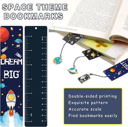 Christmas Space Theme Bookmarks with Metal Charms Planet Rocket Space Ship Theme Bookmarks Inspirational Quotes Bookmarks for Space Christmas Party Favors Gifts Kids Boys Girls Encourage(48 Pieces)