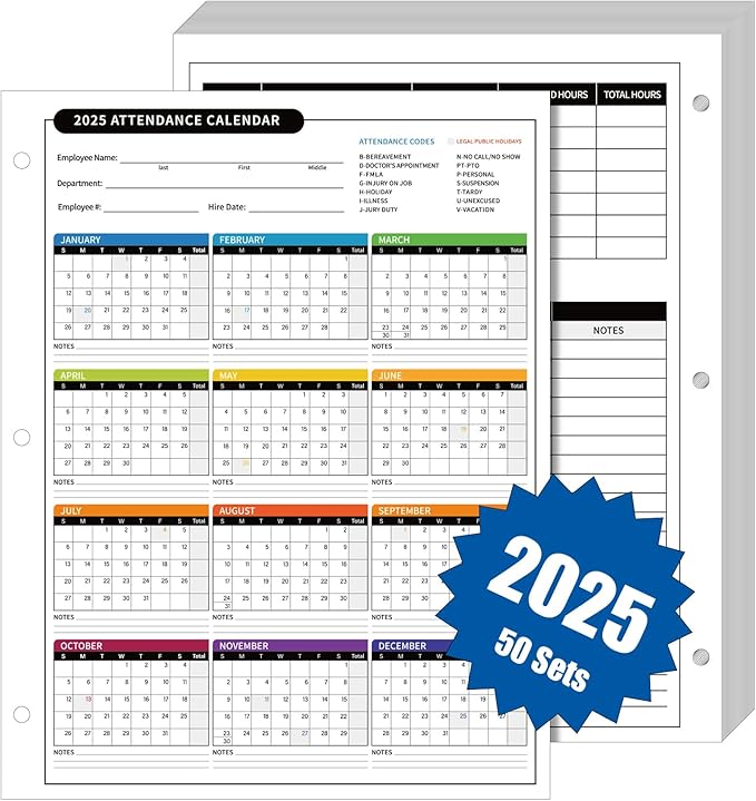 ReliThick 50 PCS 2025 Attendance Calendar Card Stock Paper 2025 Attendance Sheets for 3 Hole Binder Employee Record Folders for Manager, HR, Store Location Managers(Multicolor)