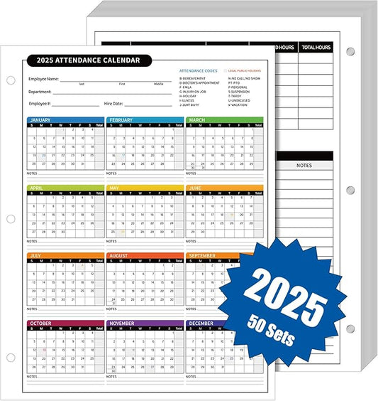 ReliThick 50 PCS 2025 Attendance Calendar Card Stock Paper 2025 Attendance Sheets for 3 Hole Binder Employee Record Folders for Manager, HR, Store Location Managers(Multicolor)