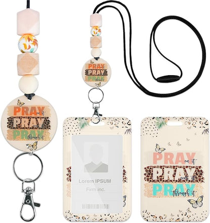Christian Lanyard with ID Holder, Pray On It Pray Over It Pray Through It Badge Holder with Beaded Adjustable Lanyard, Christian Gifts for Pastors Teachers Students