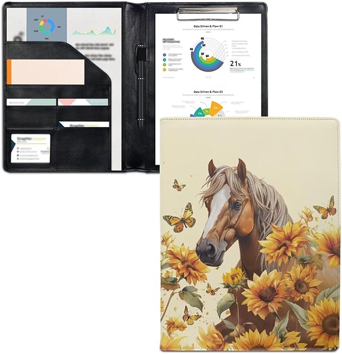 Office Folder Sunflower Horse Butterfly Print PU Leather Padfolio with A4 Size Clipboard Clip for Business Resume Interview Document Sleeve Binder Folder