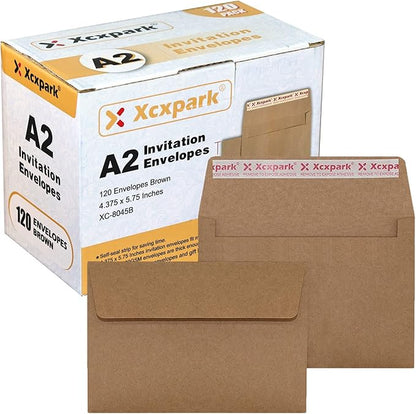 120 Qty Printable A2 Invitation Envelopes 4.375 x 5.75 Cards, Self Seal 120GSM Brown Paper Envelopes for Invitations, Papers, Photos, Documents, Wedding, Baby Shower, Easy to Seal and Peel