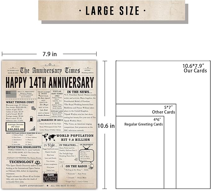 Vintage 14th Anniversary Card Gift for Him Her, Large 14 Year Wedding Anniversary Card Gift for Mom Dad Parents, Ivory Anniversary Card for Wife Husband Couple