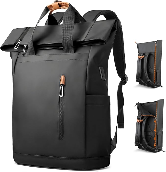 Roll-Top Laptop Backpack for 15.6" Laptop, 28L Capacity with USB Port, Expandable & Waterproof, Urban Style for Men & Women, Ideal for Work, University, Travel, and Shopping (Black)