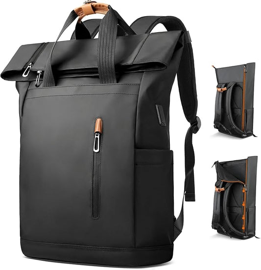 Roll-Top Laptop Backpack for 15.6" Laptop, 28L Capacity with USB Port, Expandable & Waterproof, Urban Style for Men & Women, Ideal for Work, University, Travel, and Shopping (Black)